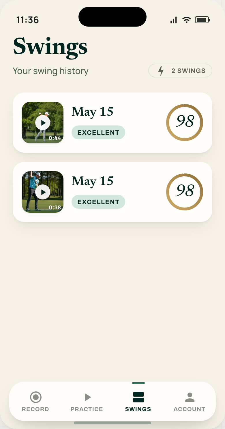 Swings — your full swing history with scores